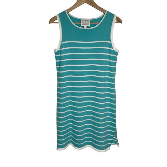Sail To Sable Women Sleeveless Knit Shift Dress S Teal Stripe Coastal Nautical - Picture 1 of 8